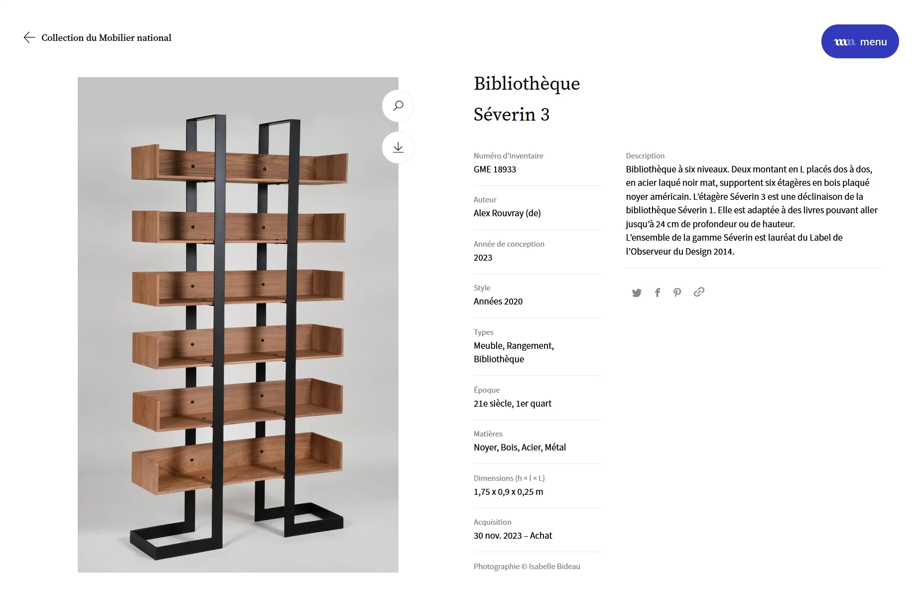 La Bibliothèque Séverin 3 dans les Collections du Mobilier National
