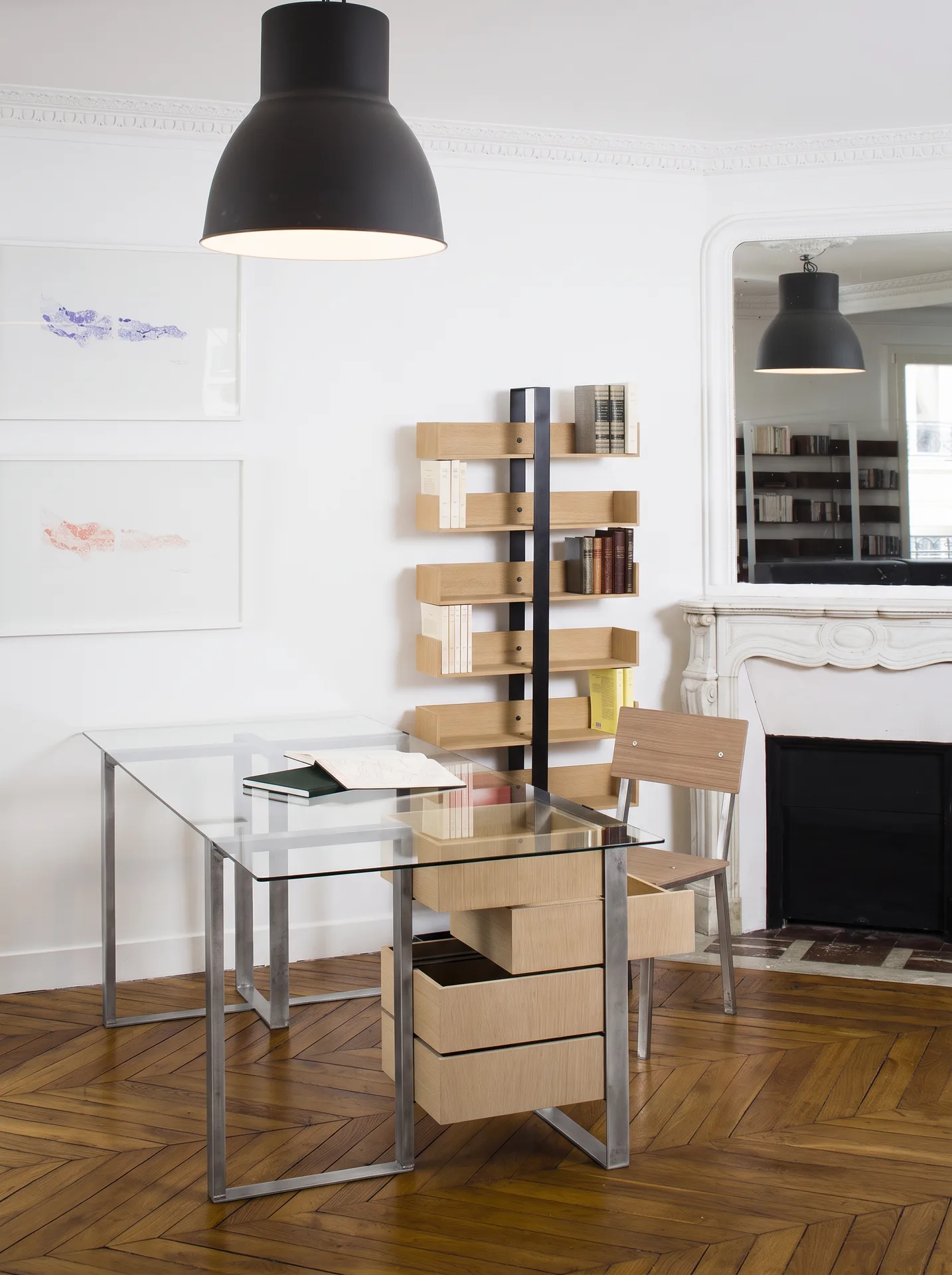 Bureau verre et métal-tiroirs bois-design Séverin 2